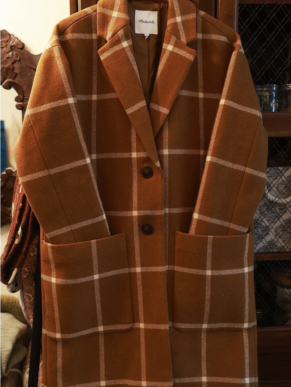Madewell Brown Plaid Wool Overcoat